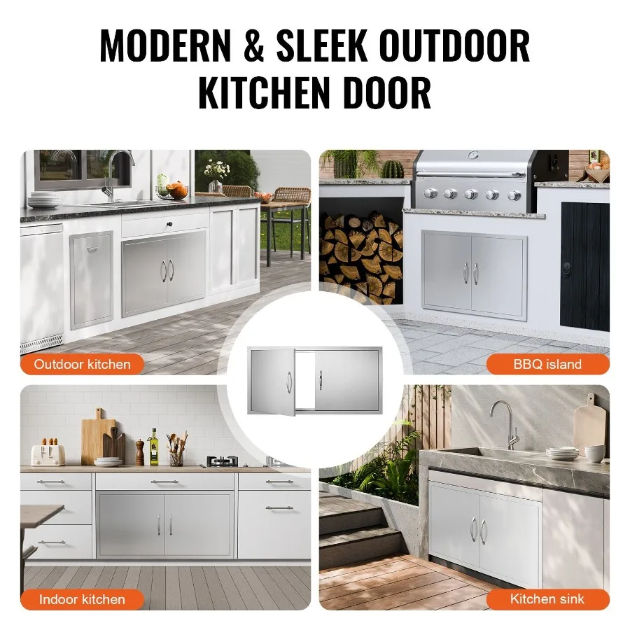BBQ Access Door, 42W x 21H Inch Double Outdoor Kitchen Door, Stainless Steel Flush Mount Door, Wall Vertical Door with Handles,