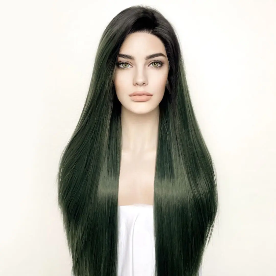 Ombre Green Soft Synthetic Hair Wigs with Baby Hair Natural Hairline Glueless Silky Straight 13x4 Lace Front Wigs for Women