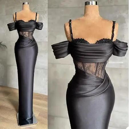 

Charming Black Evening Dress 2022 Sheath Off The Shoulder Long Prom Gowns 2022 Beading Lace Top Satin Reobes De Cock Tail New