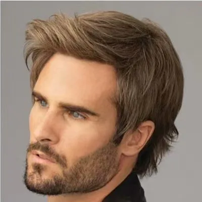 10 インチの短い巻き毛の合成ブラウンウィッグ男性用ヘア耐熱ウィッグ前髪付き日常使用用