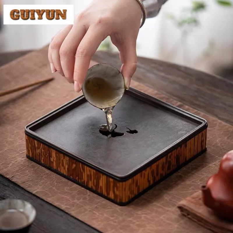 Handmade Square Bamboo Pot Bearing Holder Gingko Water Storage Plate Dry Brew Table Tea Tray Teaware Support Tea Services Craft