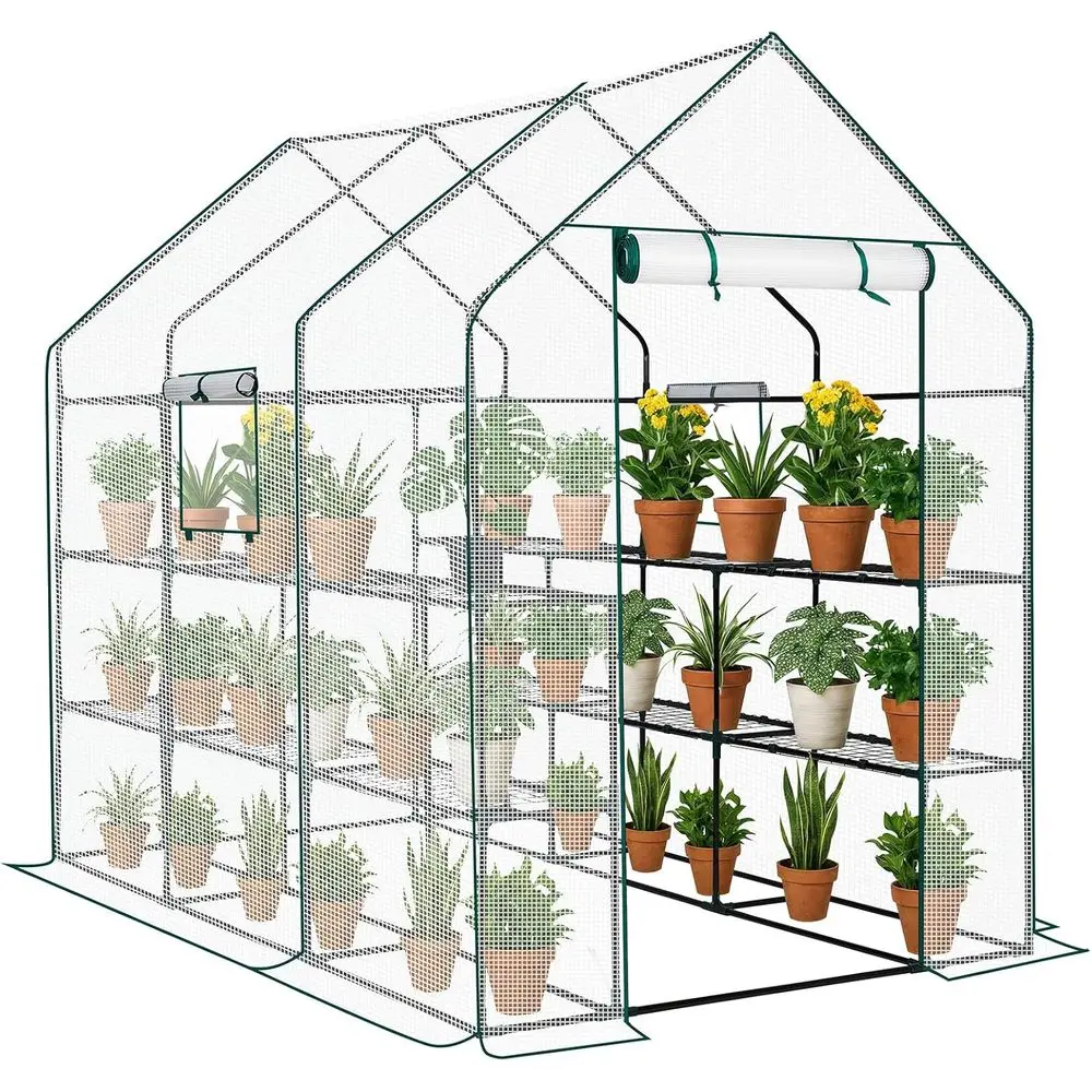 

Durable Outdoor PE Walk-in Greenhouse with 3-Tier Shelves, Zipper Door, 56x85x77