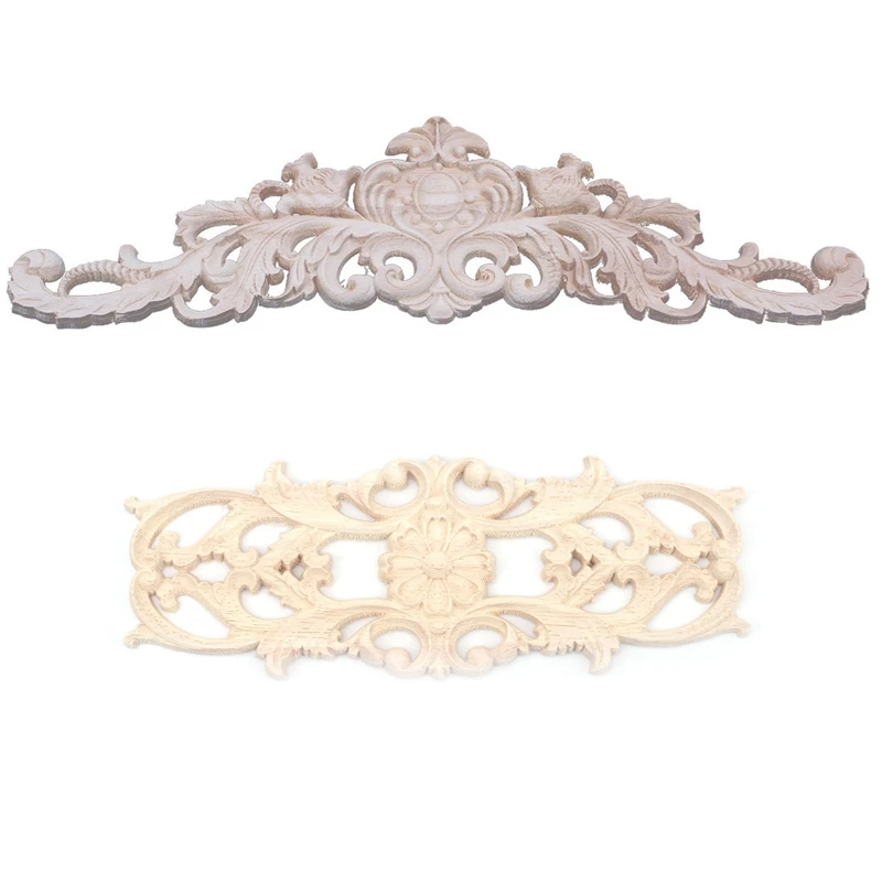 2 Pcs Exquisite Classic Rubber Wood Carved Applique Furniture Natural Decal Wood Color 40X12cm & 22.5X8cm