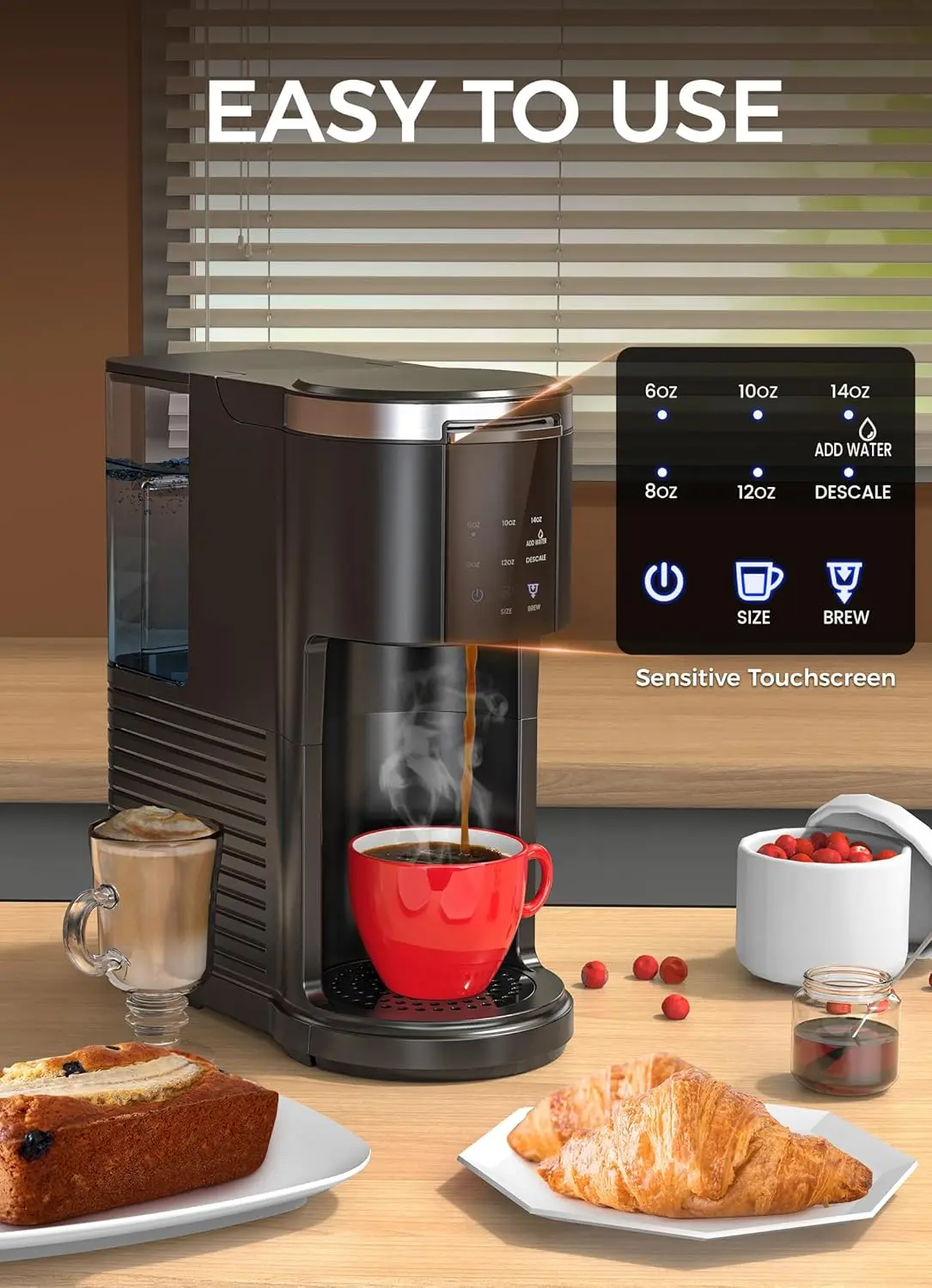 ماكينة صنع القهوة ذات الخدمة الواحدة، ماكينة تحضير القهوة للكبسولات والقهوة المطحونة، ماكينة صنع قهوة الكبسولات مع خزان مياه 40 أونصة، 5 مقاسات مشروب