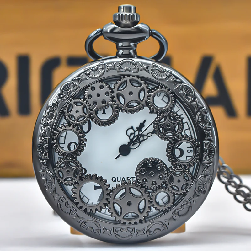 

Retro Charm Neutral Fashion Hollow Gear Carving Quartz Steampunk Pocket Watch Men's and Women's Necklace Pendant Gift