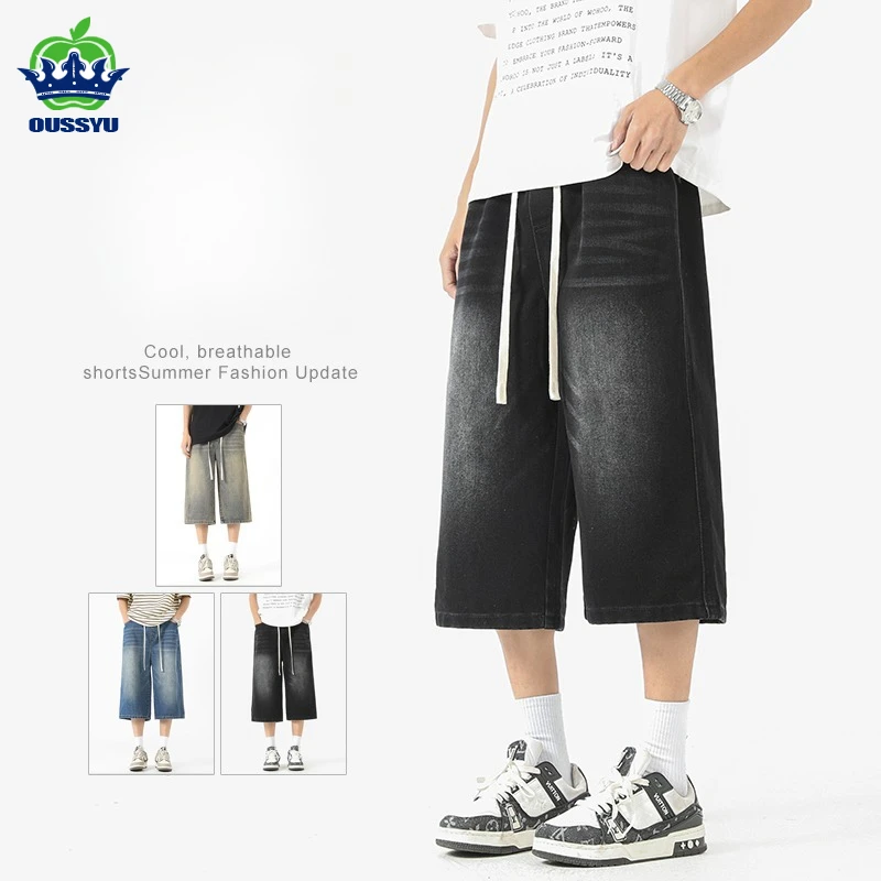 Men's Summer Cotton Jeans Loose Wide Leg Straight Casual Breathable Retro Blue Black Denim Shorts 3/4 Shorts Men High Street view 2