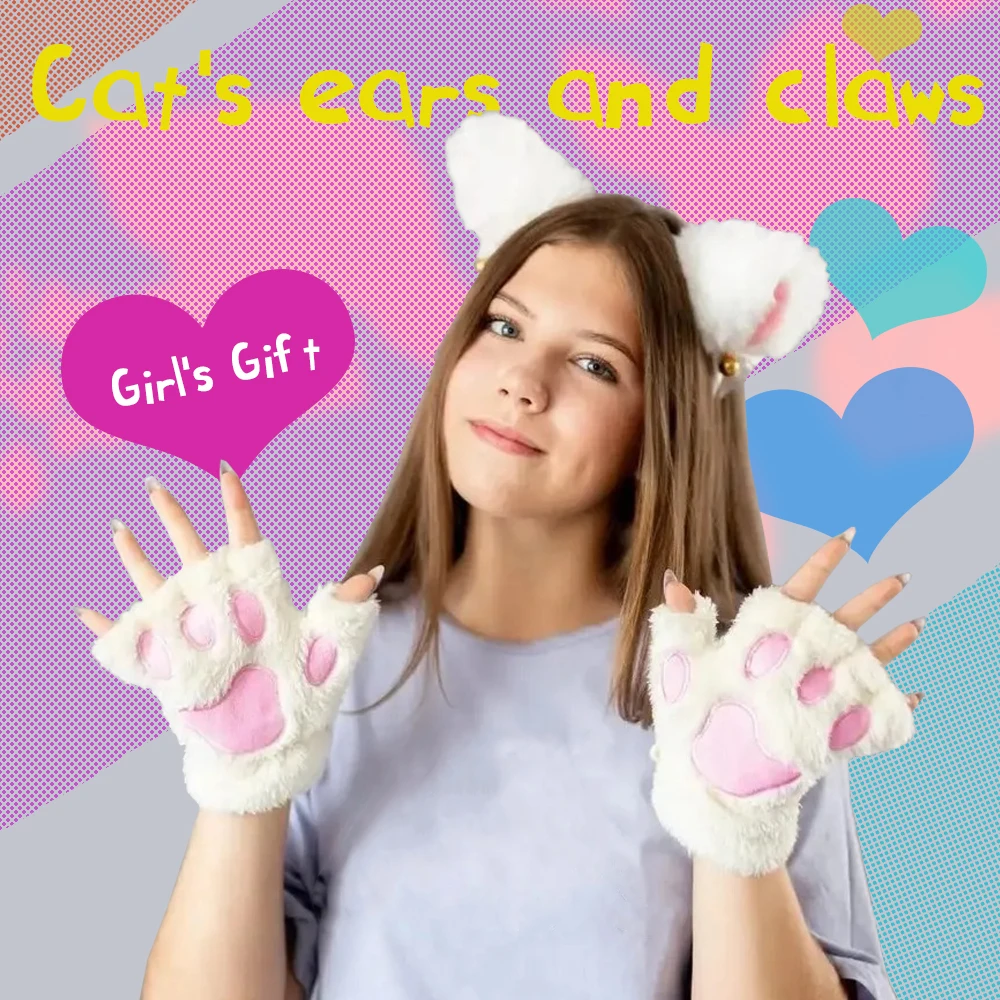 Cat Ear Headband Fingerless Gloves Set Cute Animal Costume Accessories Warm Soft Christmas Gift for Girls