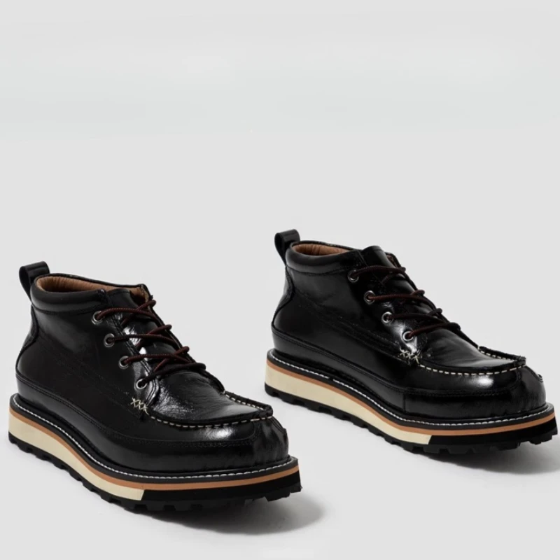 

Nordic Retro Style Outdoor High-top Boots Shoes for Men's Genuine Leather Handmade Casual Thick Sole Height Increasing Shoe Male