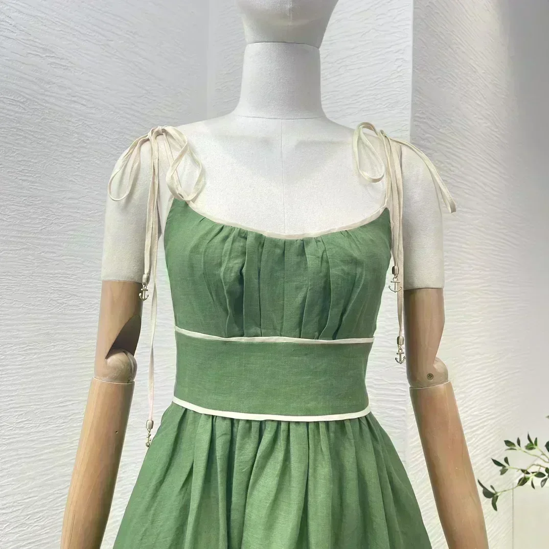 Elástico franzido de volta qualidade superior 2024 novo verde puro linho sem mangas plissados rendas vestido midi feminino