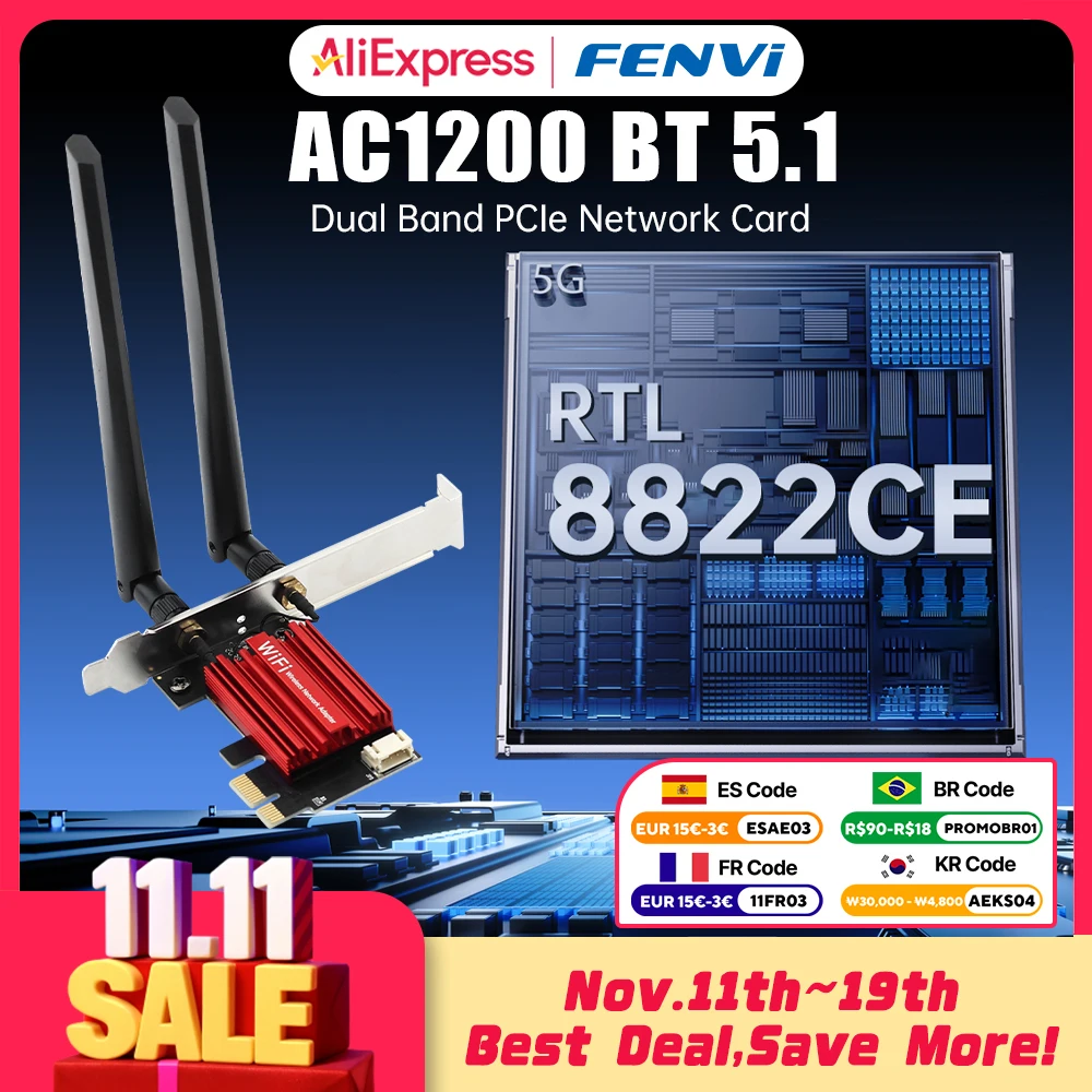 

fenvi 1200 Мбит/с Wi-Fi PCIE адаптер Bluetooth 5.1 двухдиапазонный 2,4G/5G AC1200 WiFi5 Беспроводная сетевая карта 802.11ac для ПК Win 7/10/11
