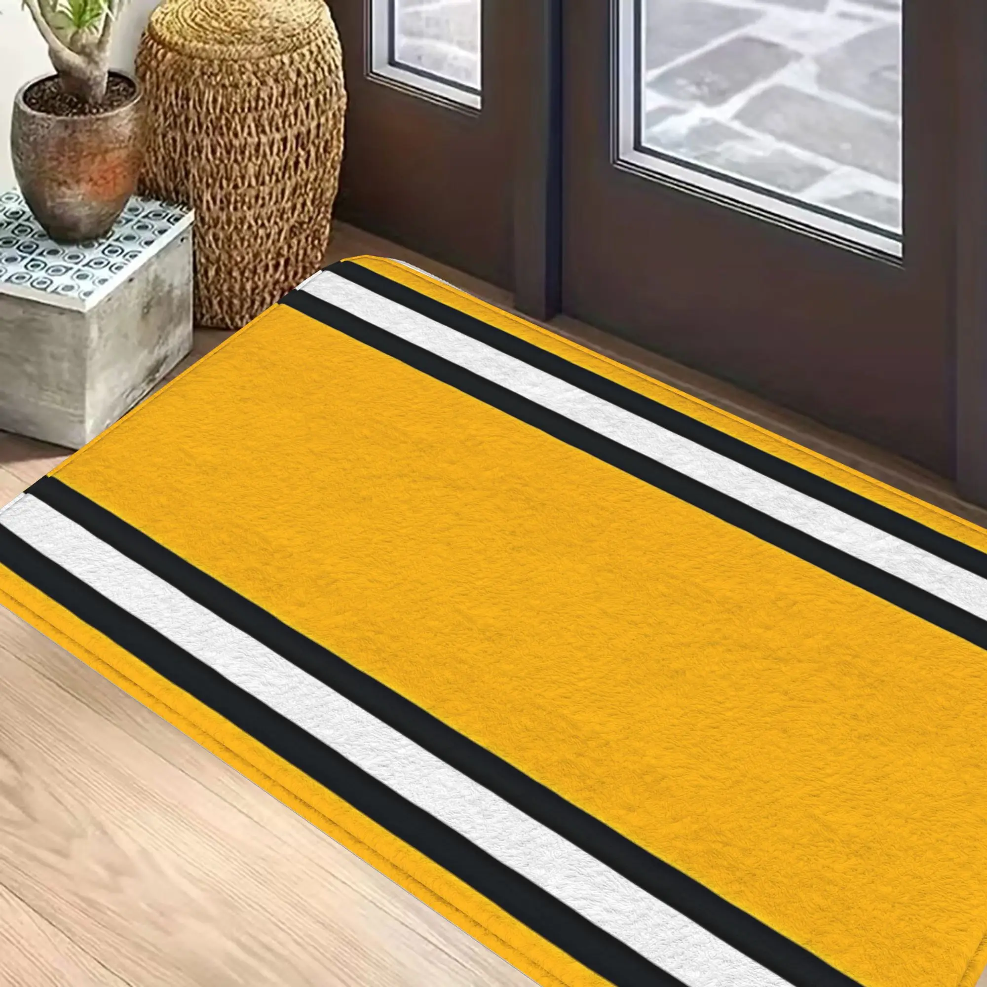 Yellow Doormat – Non-Slip Flannel with Black-White-Black Stripe Borders, Entryway Kitchen Bathroom Living Room