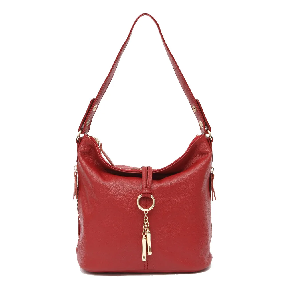 Zency Elegant Women Red Leather Handbag 100% Genuine Leather Lady Hobo Bag Charming Ring Decoration Medium Shoulder Bag