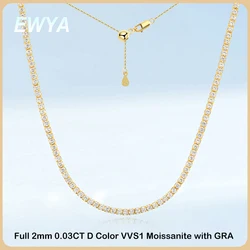 EWYA Adjustable Full 2mm 0.03CT D Color Moissanite Tennis Necklace for Women 925 Silver Plated 18K Gold Choker Neck Chain Gift