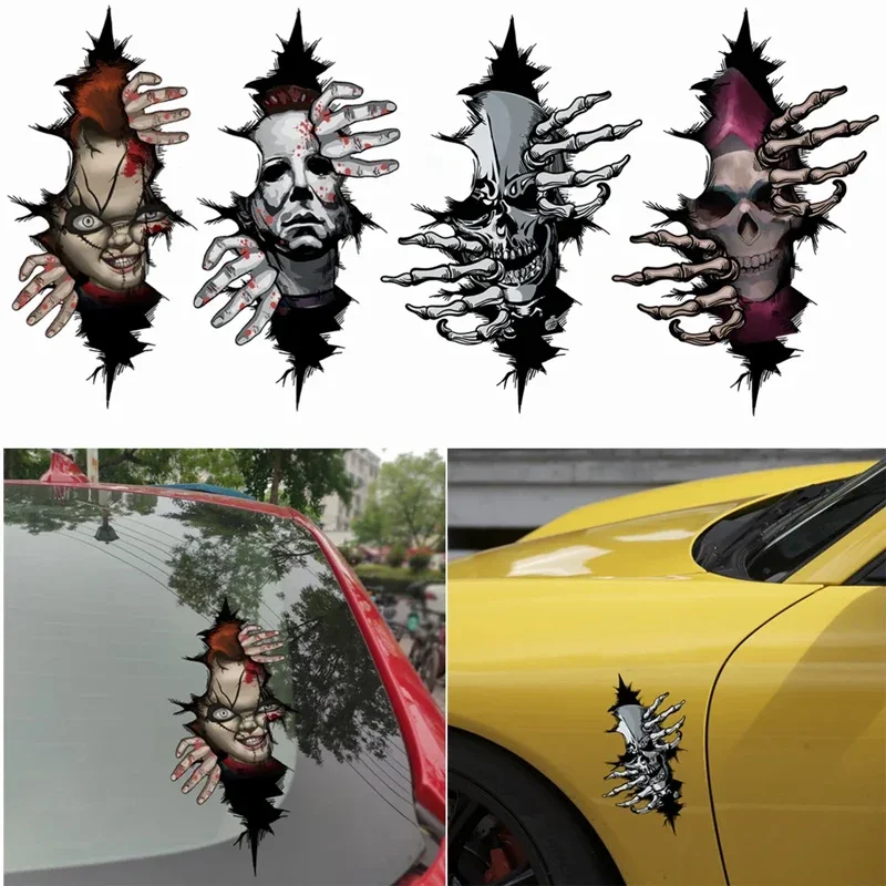 Horror Skull Cracked Effect Car Sticker, Force Open Design Vinyl Decal for Window Body Halloween Auto Styling Decor