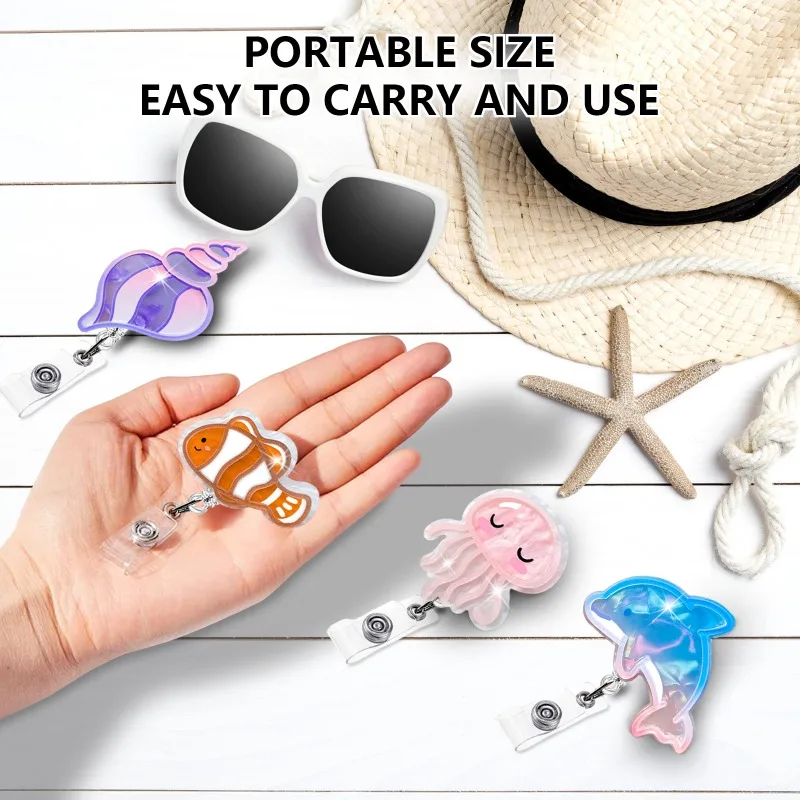 Cute Cartoon Marine Worker ID Card Holder Retractable Badge Octopus Coral Dolphin Easy Pull Buckle for Women Office Supplies