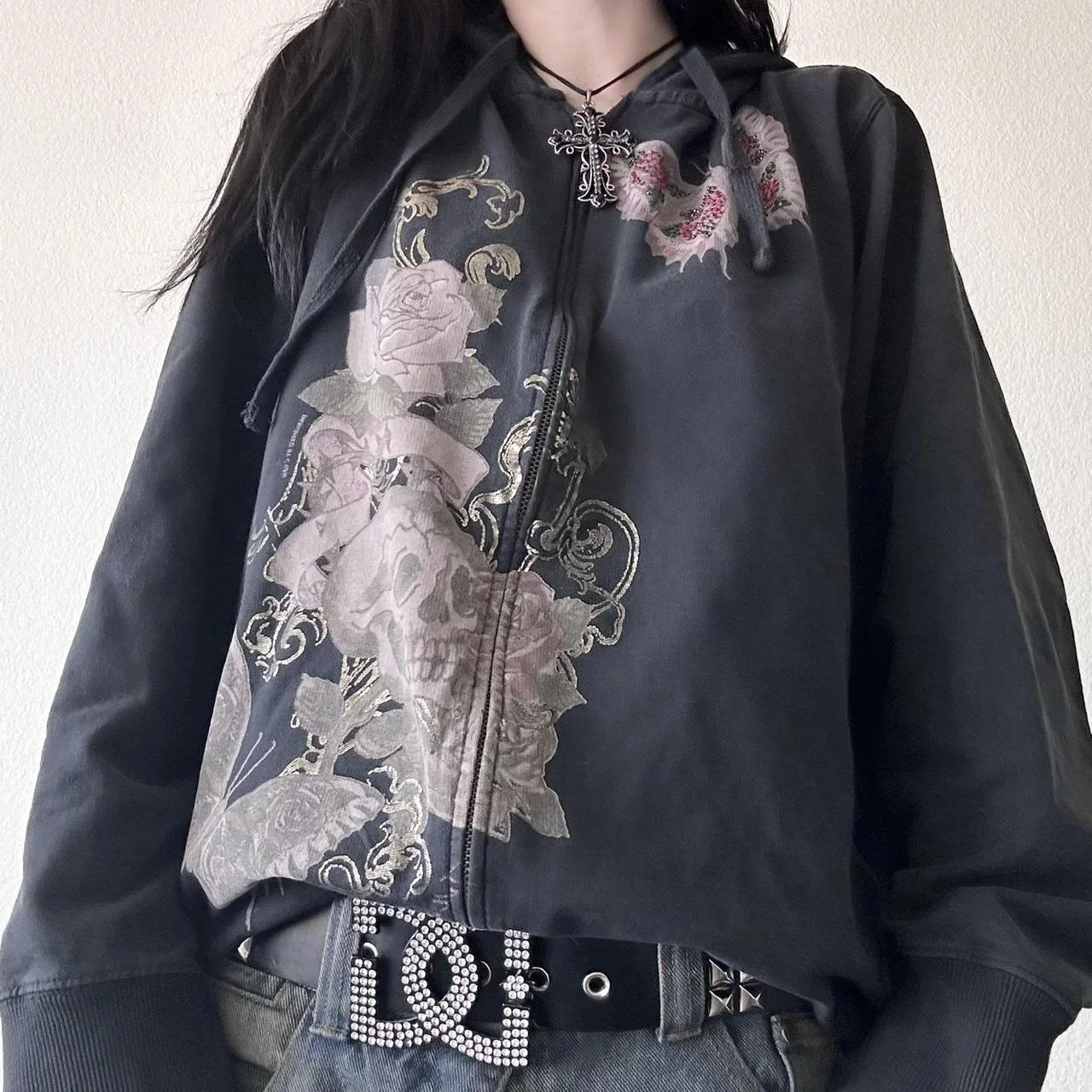 

E-girl Gothic Harajuku Mall Goth Hoodies 2000s Y2K Cyber Grunge Emo Zip Up Sweatshirts Vintage Graphics Print Coat Streetwear