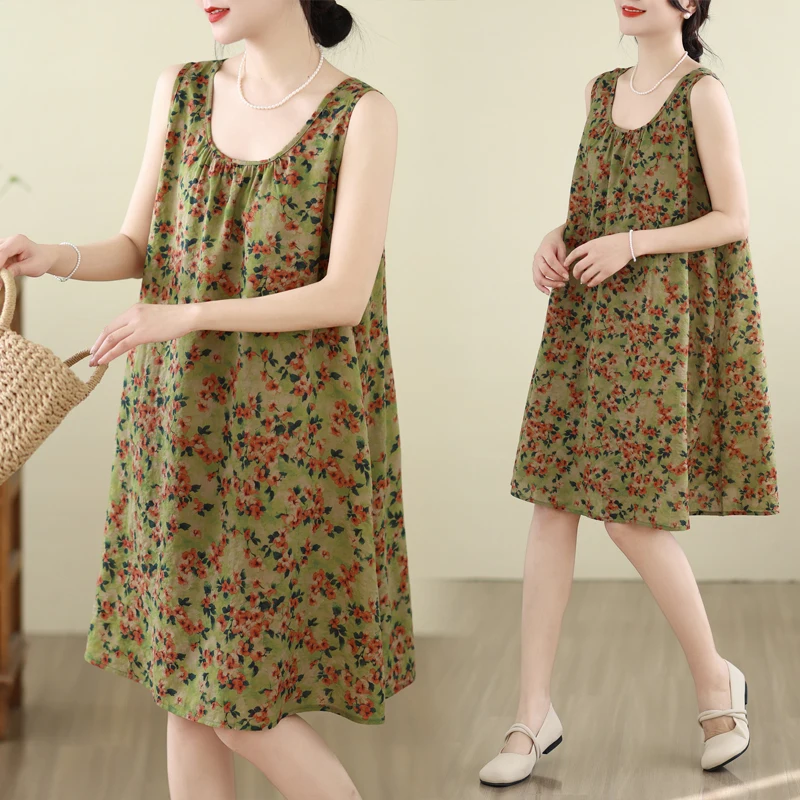 

Summer Floral Print Cotton Linen A-Line Dress Sleeveless round Neck Gown Women's plus Size Clothing Citywalk Fashion Style