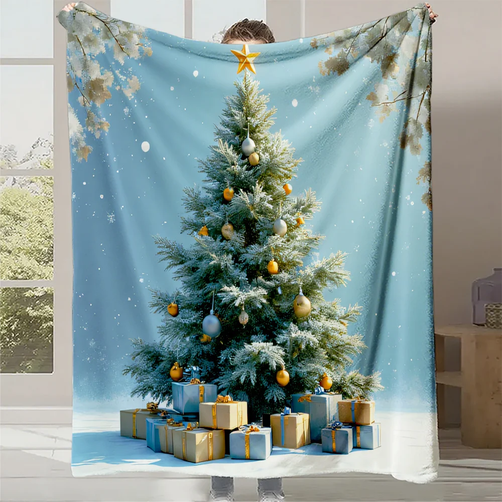 Luxury Plush Fleece Christmas Snowflake & Tree Blanket - Turquoise Winter Bedspread with Golden Ornaments & Pine Cones, All-Seas