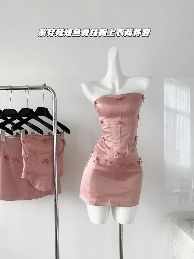 Formal Occasion Outfits 2 Piece Skirts Set Off Shoulder Pink Tank Top Sweet + Sexy High Waist  A-Line Skirts Coquette Party Prom