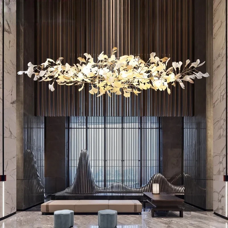 Large Ginko Leaf Chandeliers For Duplex Staircase High Ceiling Porcelain Leaf Pendant Hanging Chandelier For Vila Lobby Hotel