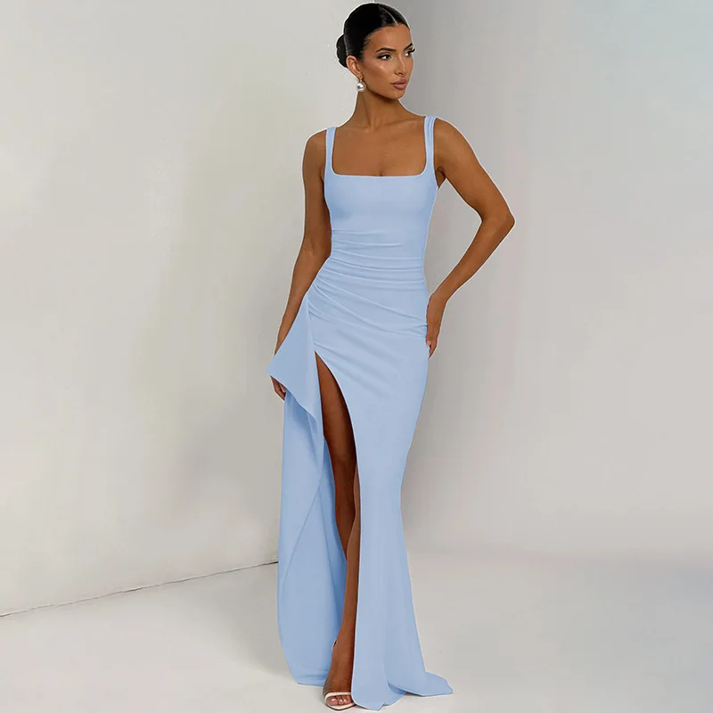 Damen Bodycon Abendkleid, Spaghetti-Träger Quadratischer Ausschnitt Schlitz Midi-Kleid Sexy Formelles Ballkleid Partykleider – Detail 18