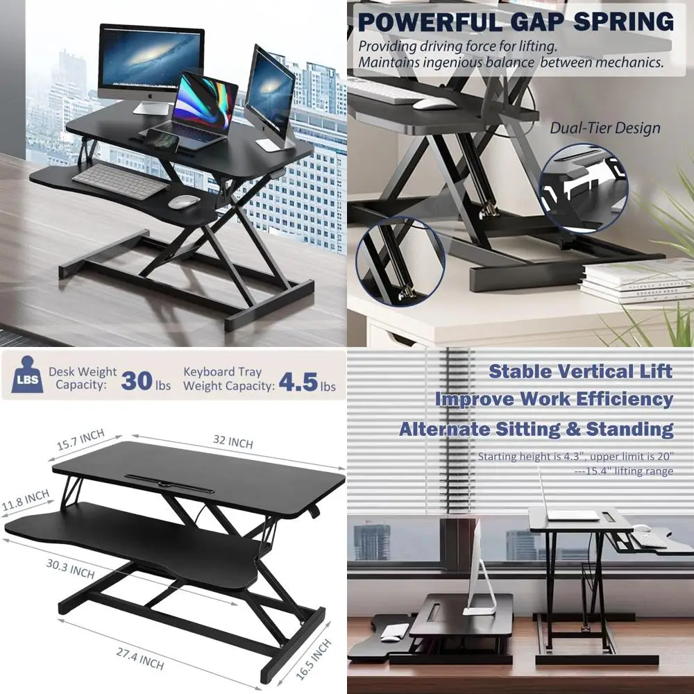 

Black 32 Inch Dual Monitor Adjustable Standing Desk with Spacious Keyboard Tray for Home Office Use