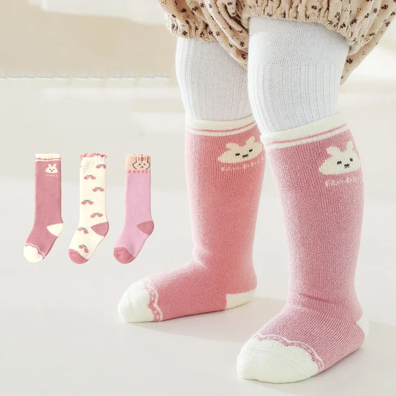 Baby Girl Stockings Cute Rabbit Cherry Print Infant Knee High Socks Winter Thick Warm Terry Sock Kids Boy Cartoon Long Socks