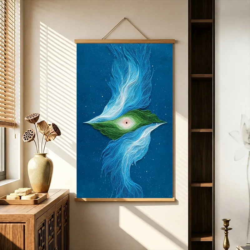 Wall Art Blue Cosmic Currents and Floating Orbs, Modern Abstract Pearlescent Canvas Wall Hanging Scroll for Creative Studio