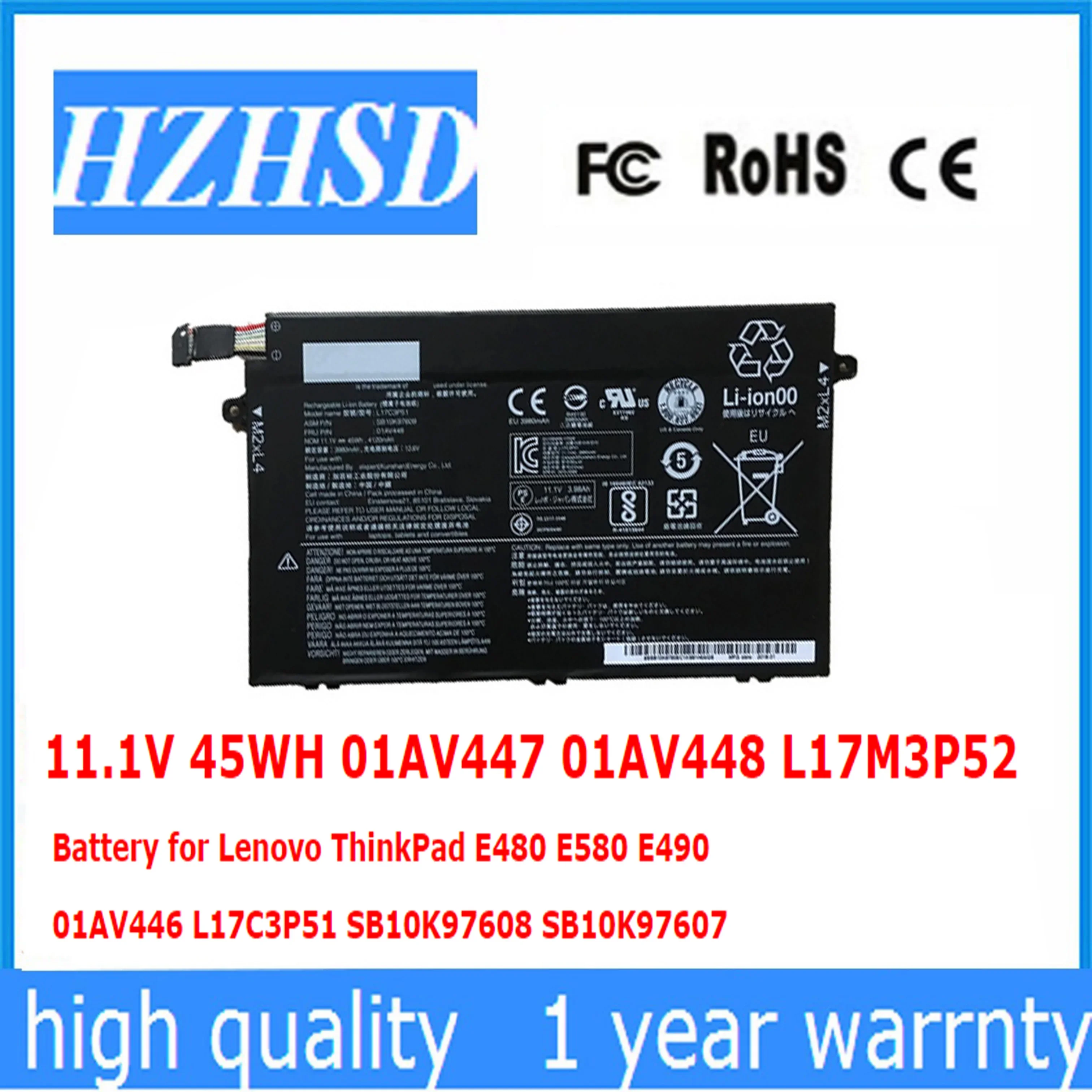 

11.1V 45WH 01AV447 01AV448 L17M3P52 Battery for Lenovo ThinkPad E480 E580 E490 01AV446 L17C3P51 SB10K97608 SB10K97607