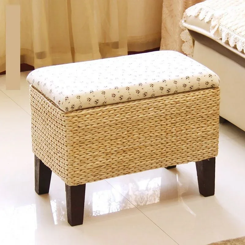 Cattail Step Stool – High Load-Bearing Flip Storage, Shoe-Changing Stool, Handwoven Furniture, Natural Home Decor.