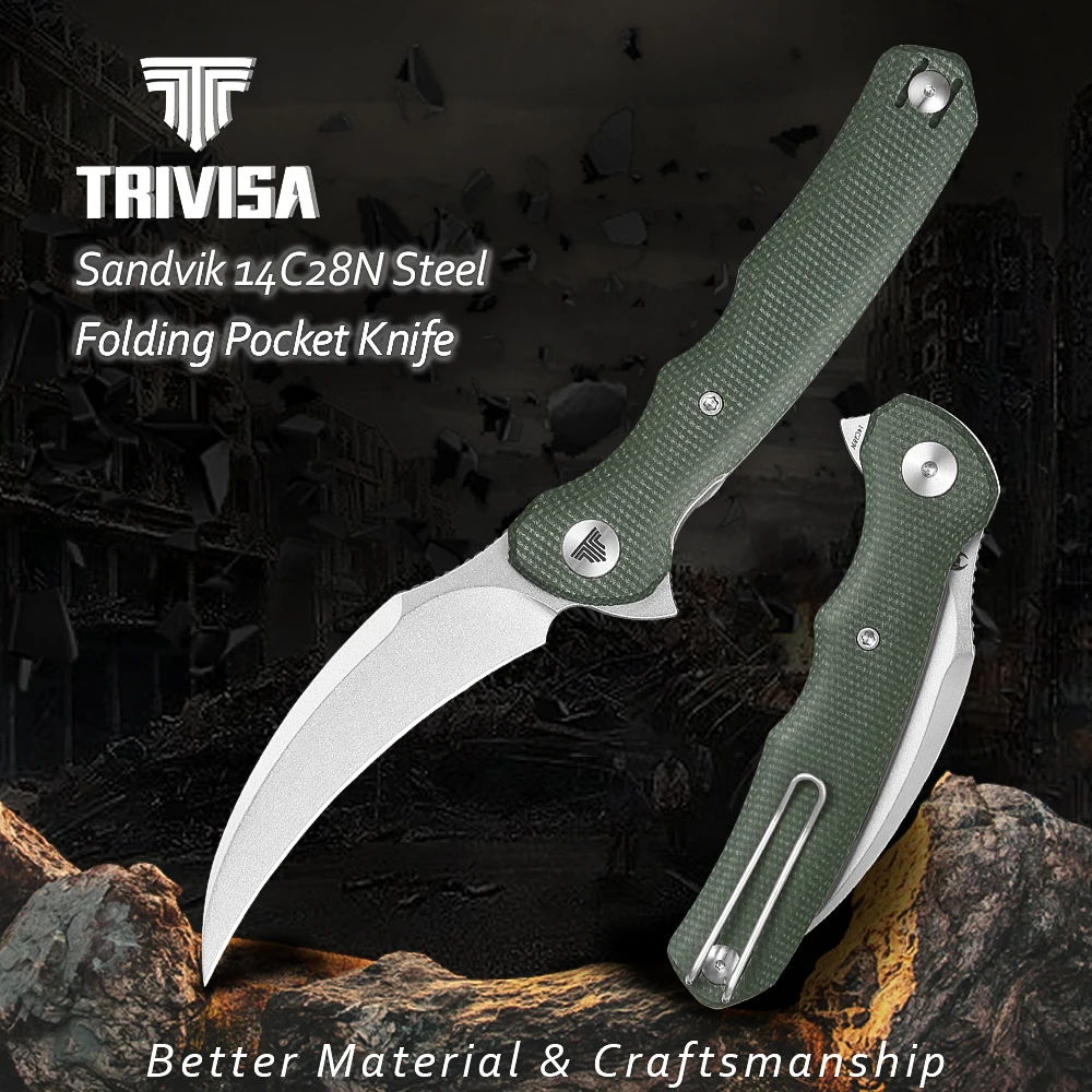 TRIVISA Folding Knife for Men ,EDC Hawkbill Pocket Pikal Knife with Clip，3.34