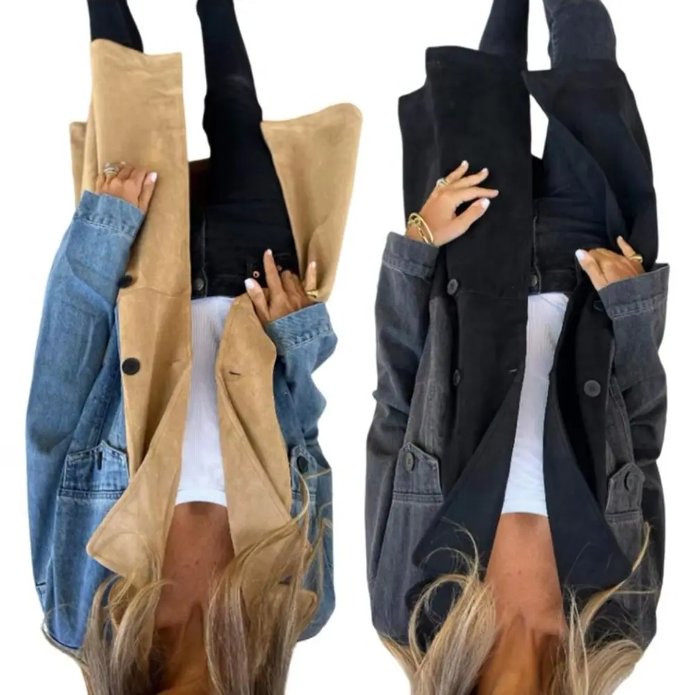 

Women Spring Fall Coat Denim Jacket Overcoat Patchwork Double-breasted with Flap Pockets Colorblock Mid Length Lady Overcoat