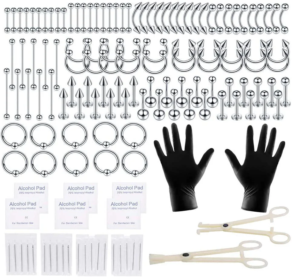 هدية عيد ميلاد مجموعة ل الأنف اللسان الشفاه ثقب المتحمسين ثقب المجوهرات 42-150 قطعة الفولاذ المقاوم للصدأ هيئة ثقب عدة أدوات