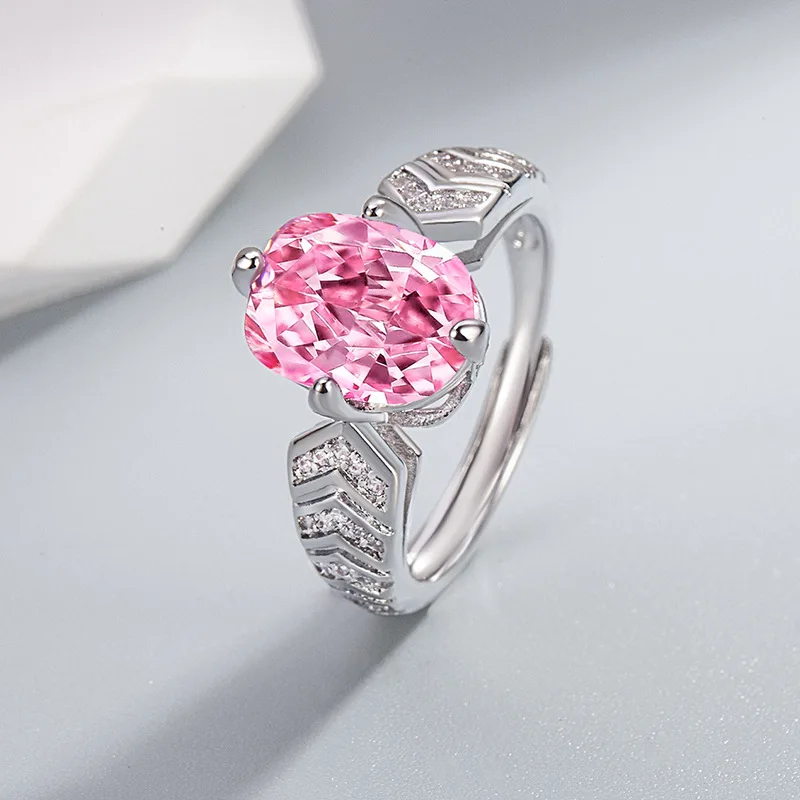 925 Sterling Silver Luxury Sparkling Zircon Pink Gemstone Ring for Ladies Party Adjustable Ring Reception Jewelry Gift