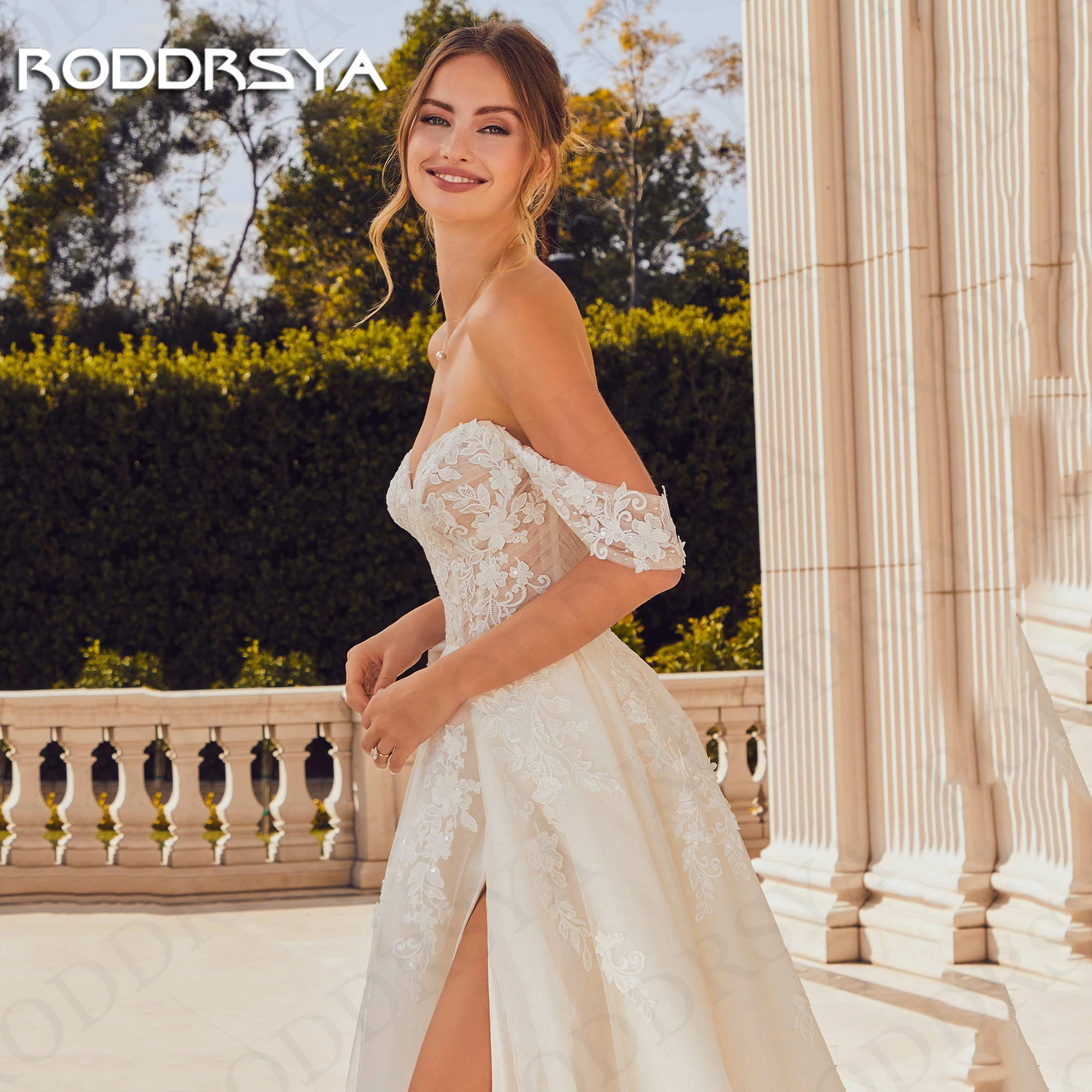 RODDRSYA elegante abito da sposa 2024 sposa pizzo una linea abiti novias boda Split Off The Shoulder abiti da sposa Tulle Appliques Abito da sposa elegante 2024 Pizzo Sposa Linea A  Abiti da sposa in tulle spaccato fuo