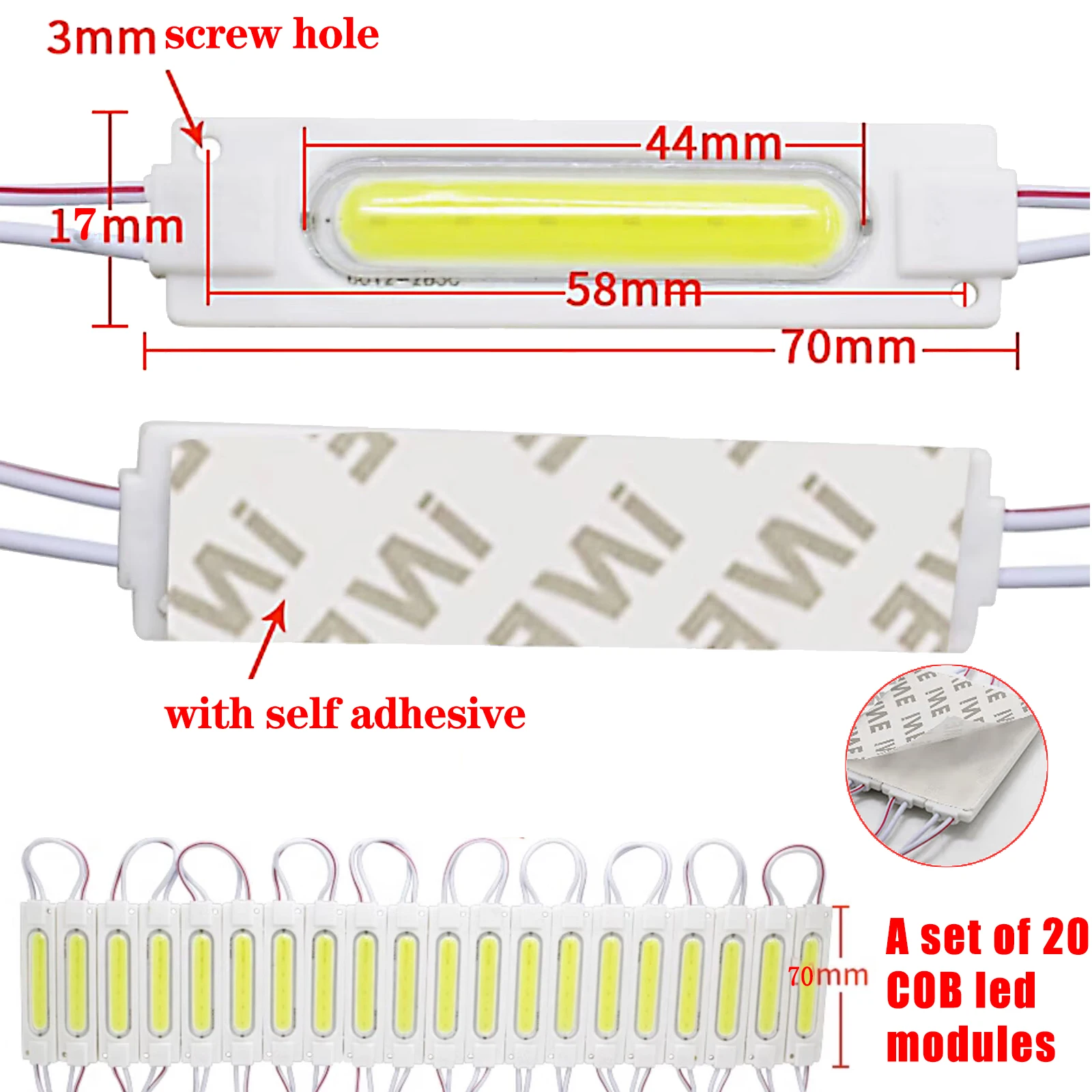 20 szt. Moduł LED COB Storefront Led Lights wodoodporne DC 12v na znak listowy wystrój reklamowy z taśmą klejącą