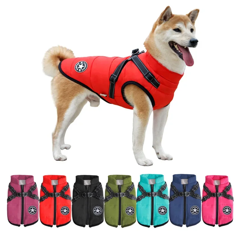 Large Pet Dog Jacket With Harness Winter Warm Dog Clothes For Labrador Waterproof Big Dog Coat Chihuahua French Bulldog Outfits