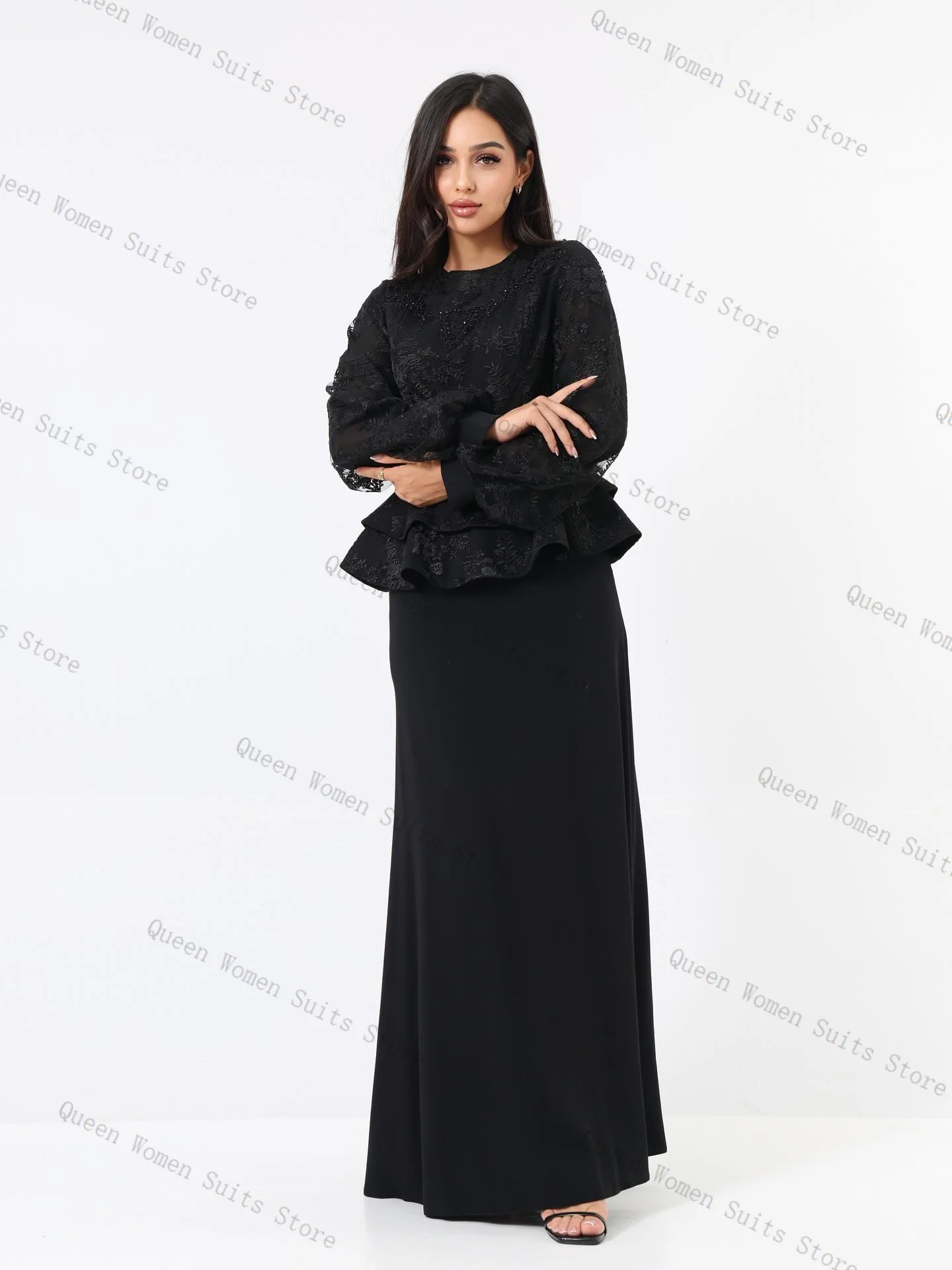 

Black Lace Women Suit Skirt Set Blazer+Prom Dress 2 Pieces Beaded Wedding Tuxedos Formal Party Gown Customized Jacket Coat