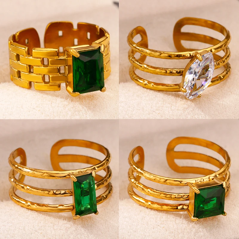 Green Square Zircon Watch Strap Rings for Women Stainless Steel Gold Color Multi Layer Adjustable Ring Aesthetic Wedding Jewelry