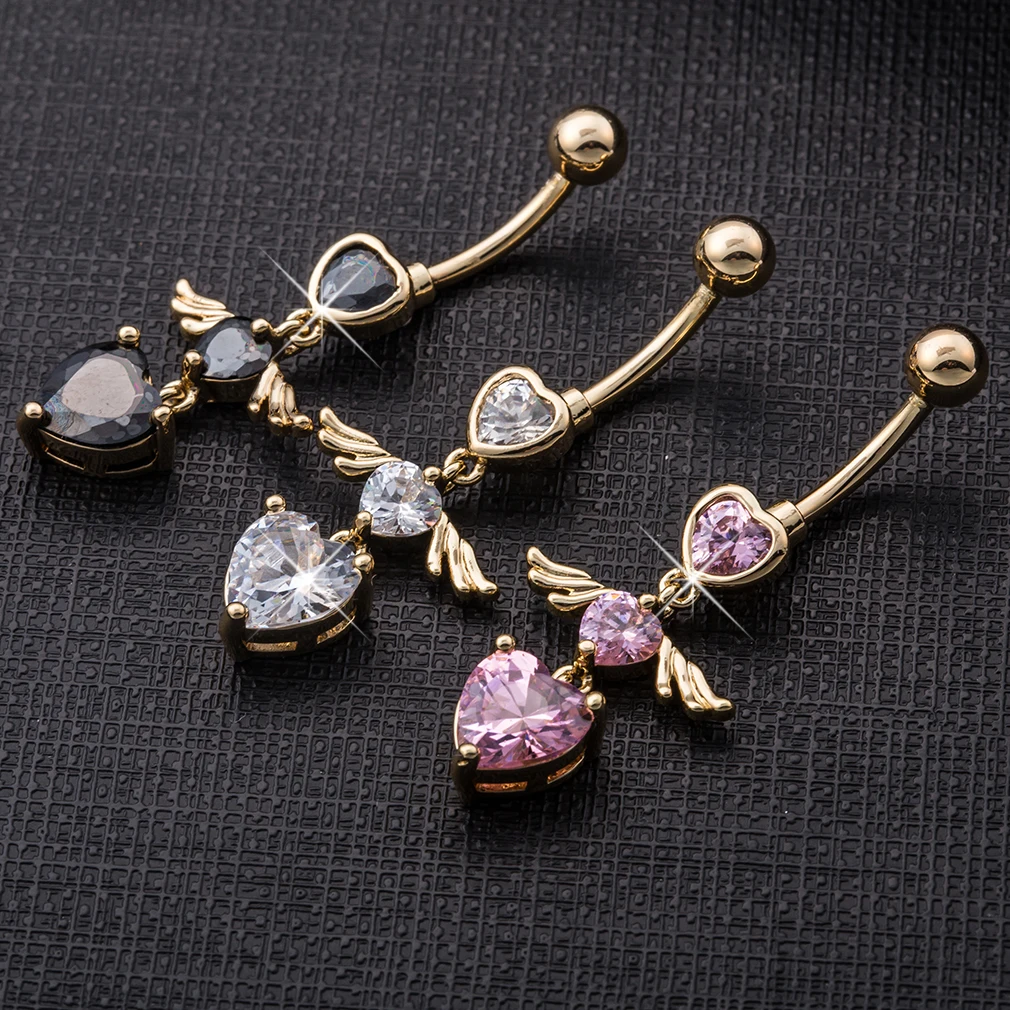 KUNIU 1pc Cute Fashion Angel Wings Heart Shape Zircon Belly Ring Women\'s Fit Piercing Body Jewelry