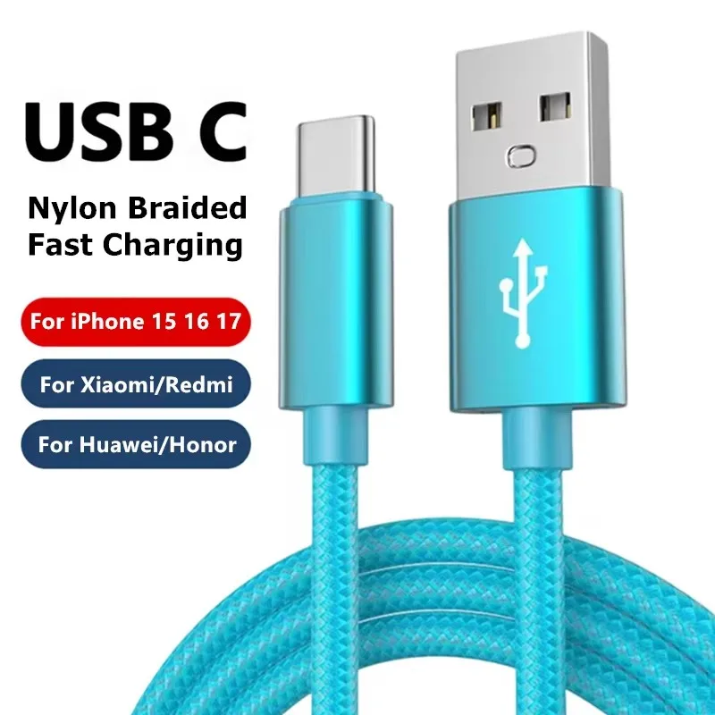 Nylon Braided USB Type C Quick Charge Cable For iPhone 15 16 17 Fast Charging Data Cables For Samsung Xiaomi Redmi POCO OnePlus