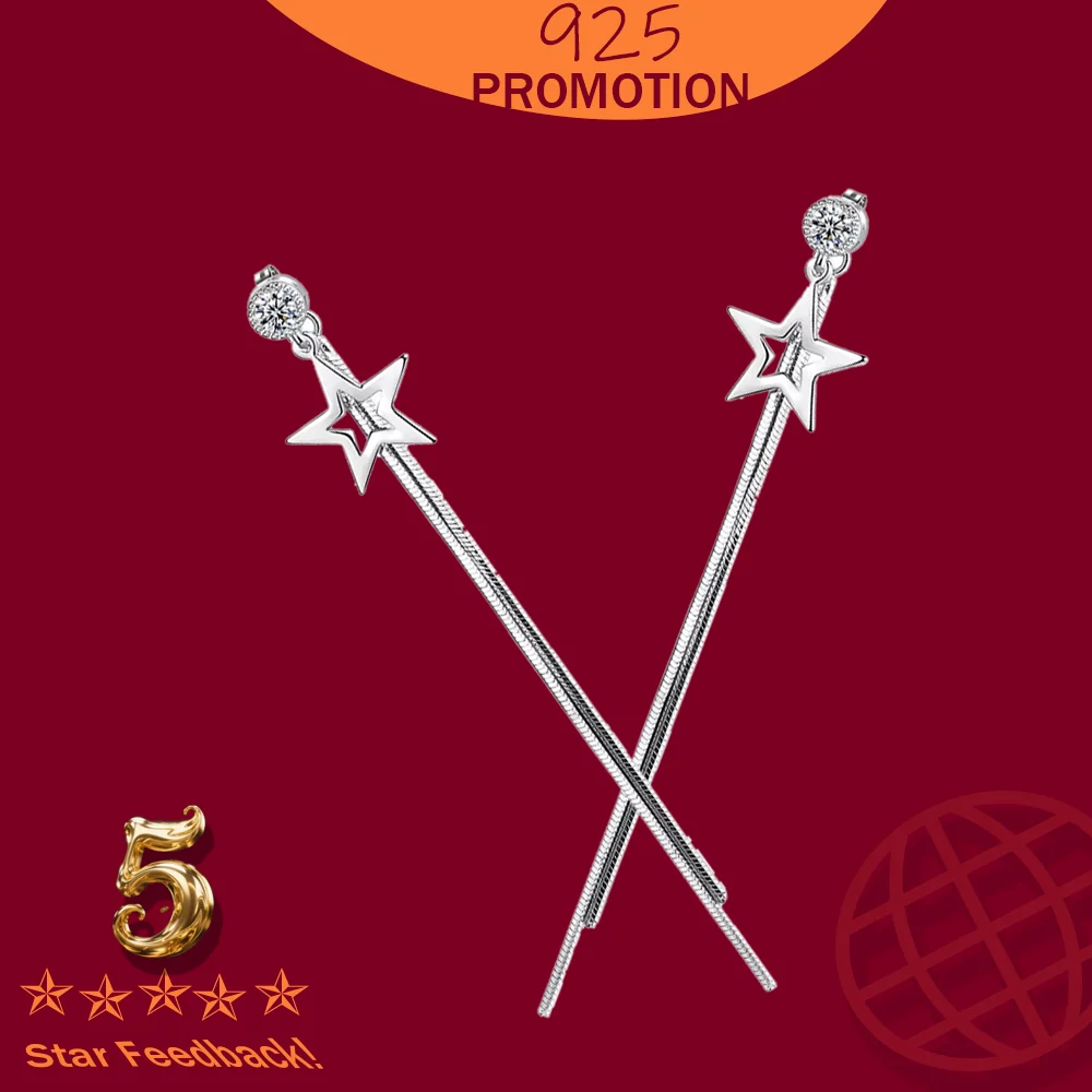 

925 Sterling Silver Tassel Earrings For Women Zirconia Star Long Earrings Chain oorbellen Boucle d'oreille New Trendy