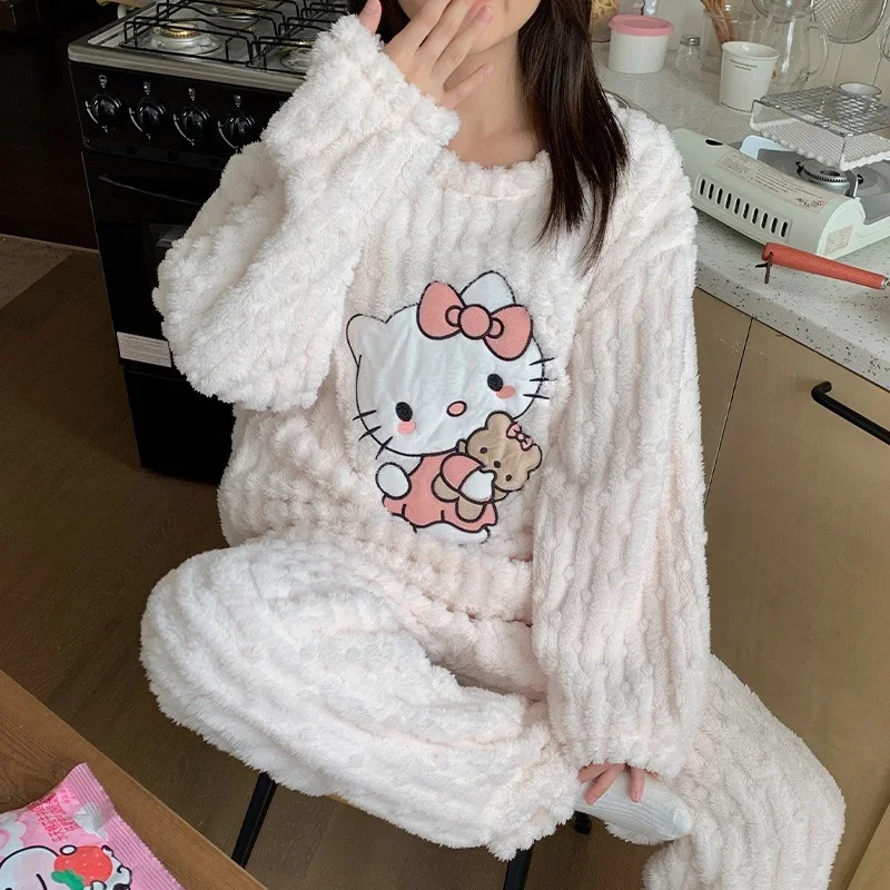 Cartoon Sanrio Hello Kitty Pajamas Winter Cotton Loungewear Crew Neck Long Sleeve Pants Casual Two-piece Women\'s Pajamas