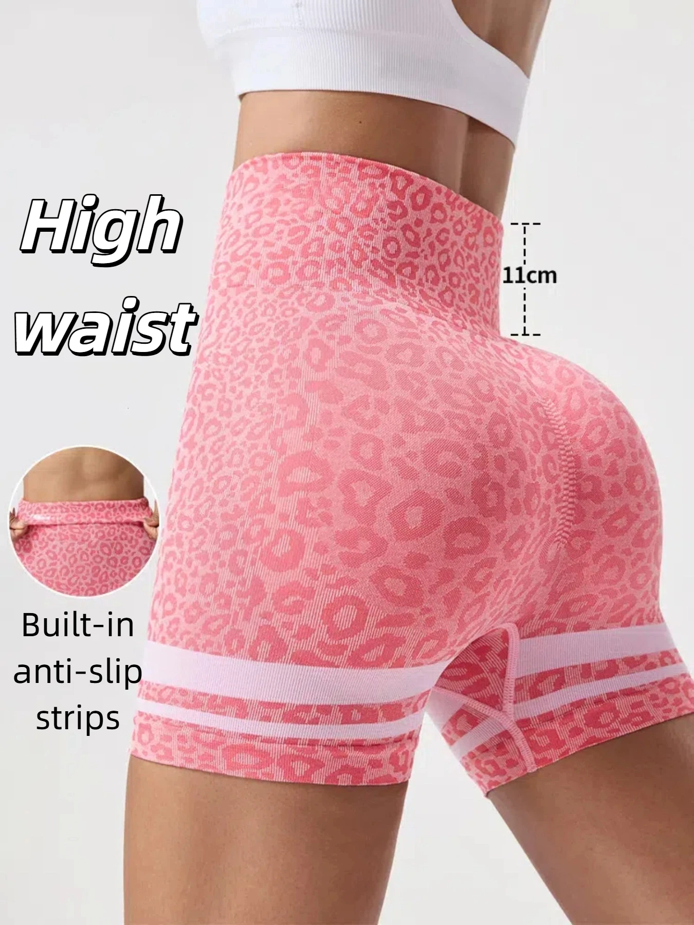 Nahtlose Leoparden-Yoga-Shorts mit hoher Taille, elastisch, mit Anti-Rutsch-Streifen, Bauchkontrolle, Fitness, Fitnessstudio, Laufen, Yoga-Leggings
