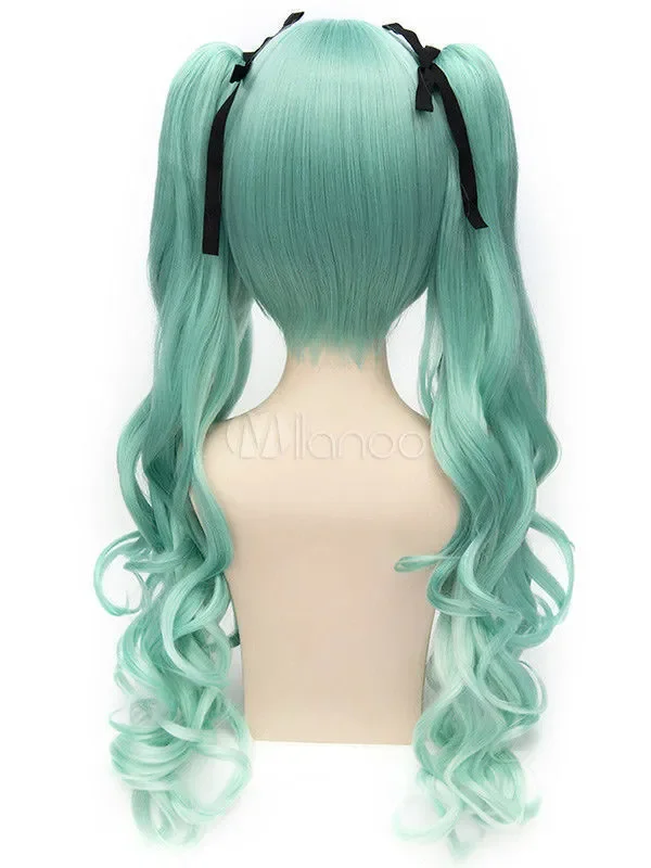 Harajuku Long light green Curly women's Lolita Cosplay Synthetic Hair Wigs