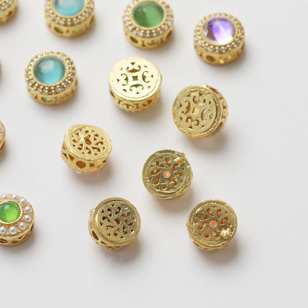 4PCS 14K Gold Plated Round Rhinestone Cat\'s Eye Retro Beads Bracelet DIY Material Jewelry Making Accessories