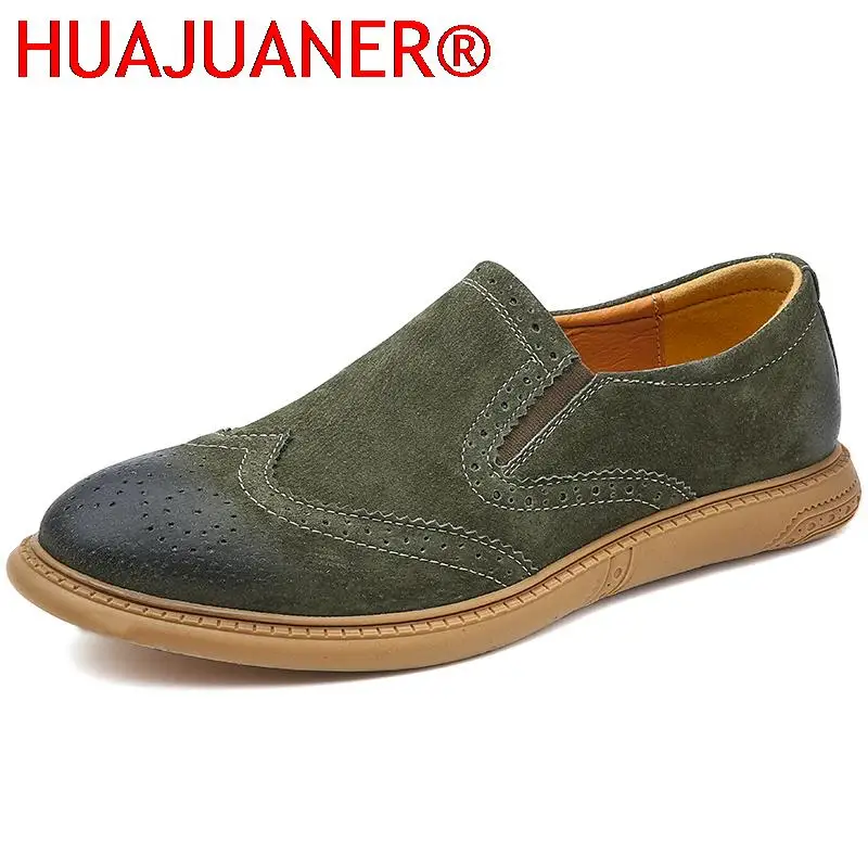 

New Mens Slip on Shoes Male Suede Loafers Brand Casual Retro Antiskid Boat Shoes Business Office Brogue Flats Fashion Moccasins