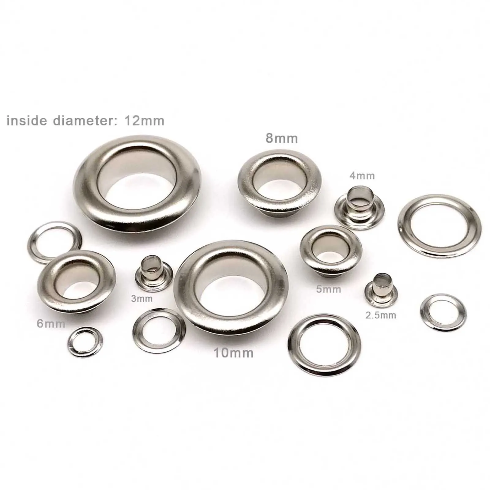 100sets 2.5mm to 12mm Silver High Quality Eyelet With Washer Grommet Ring Air Hole Rivet For Leather Bag Shoes Belt Cap Clothes