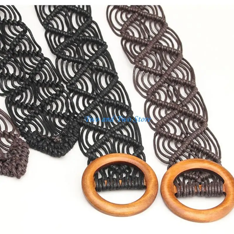 HX6F Adjustable Ethnic Belt For Women Woven Waxed Rope Wide Waistband Stylish Design
