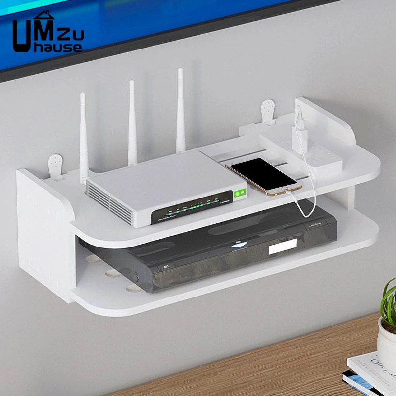 Wifi Hanging Shelf Router Power Strip Multi Outlet TV Set Top Box Cable Hidden Floating Rack Wall Mount Holder Storage Organizer